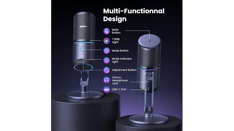 USB microphone with RGB lighting, mute button, headphone jack, and USB-C port USB microphone with RGB lighting, mute button, headphone jack, and USB-C port
