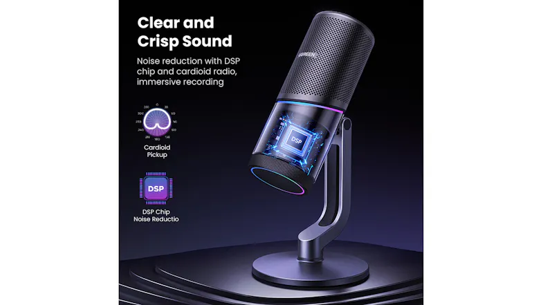Desktop microphone featuring DSP chip noise cancellation and cardioid recording pattern for crisp sound. Desktop microphone featuring DSP chip noise cancellation and cardioid recording pattern for crisp sound.