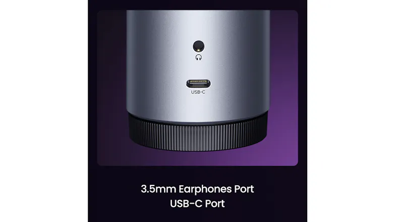 Close-up of microphone base featuring USB-C connectivity and 3.5mm earphone monitoring port Close-up of microphone base featuring USB-C connectivity and 3.5mm earphone monitoring port