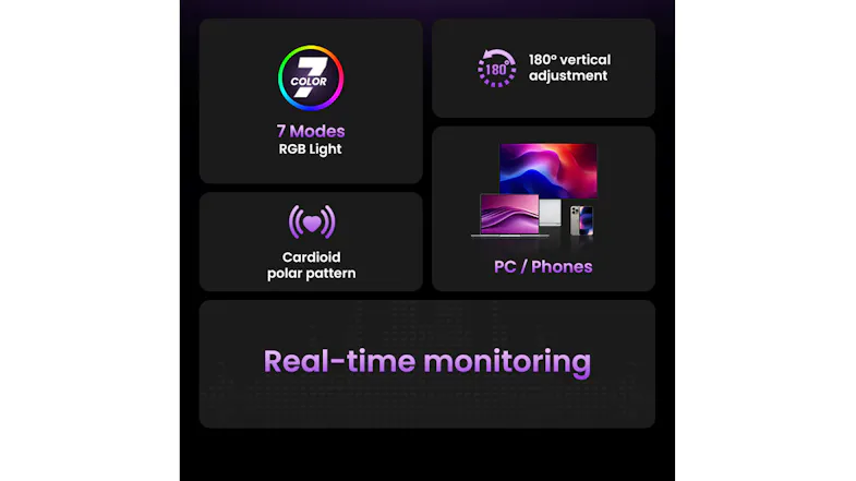 Gaming and streaming microphone with 7 RGB lighting modes, cardioid pickup, and real-time audio monitoring Gaming and streaming microphone with 7 RGB lighting modes, cardioid pickup, and real-time audio monitoring