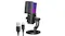 Angled view of the USB microphone with RGB lighting, shock mount, desktop stand, and USB-C connection cable Angled view of the USB microphone with RGB lighting, shock mount, desktop stand, and USB-C connection cable