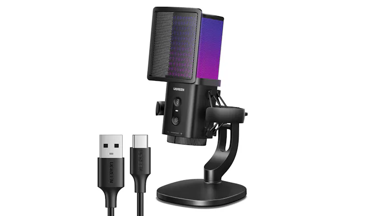 Angled view of the USB microphone with RGB lighting, shock mount, desktop stand, and USB-C connection cable Angled view of the USB microphone with RGB lighting, shock mount, desktop stand, and USB-C connection cable