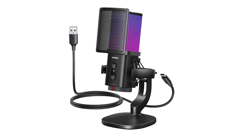RGB USB microphone on desktop stand with integrated USB cable for streaming and recording Copilot said: RGB USB microphone on desktop stand with integrated USB cable for streaming and recording Copilot said: