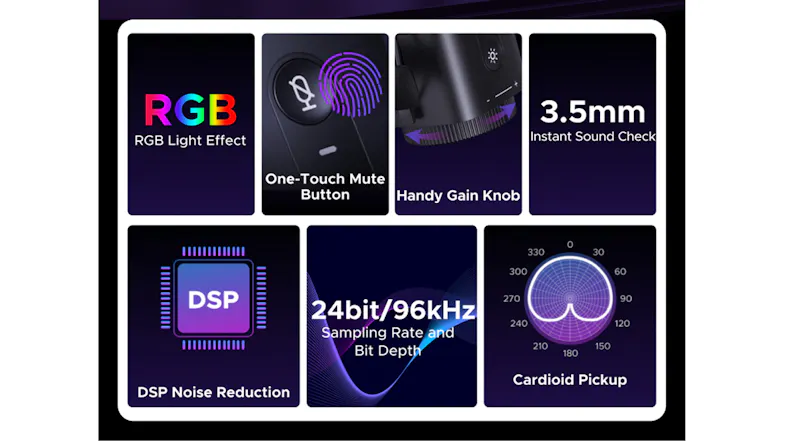 Gaming microphone features RGB lighting, one-touch mute, gain control, and 24-bit/96kHz audio quality Gaming microphone features RGB lighting, one-touch mute, gain control, and 24-bit/96kHz audio quality