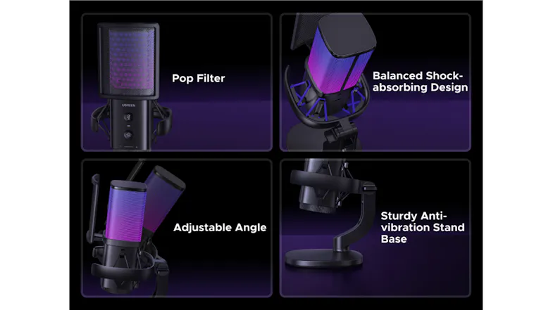 USB desktop microphone with pop filter, balanced shock-absorbing design, adjustable angle, and anti-vibration stand base USB desktop microphone with pop filter, balanced shock-absorbing design, adjustable angle, and anti-vibration stand base