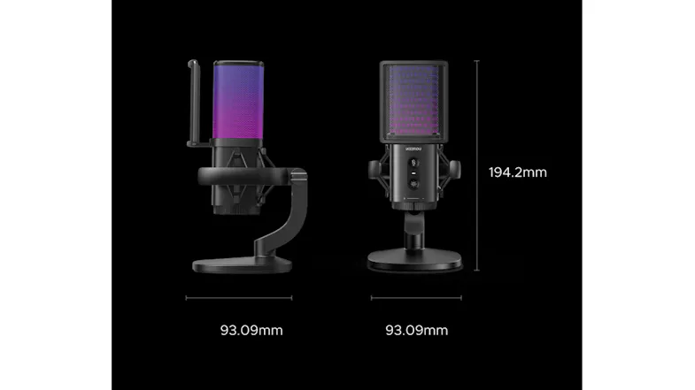 Compact USB microphone with RGB lighting, measuring 194.2mm tall and 93.09mm wide Compact USB microphone with RGB lighting, measuring 194.2mm tall and 93.09mm wide