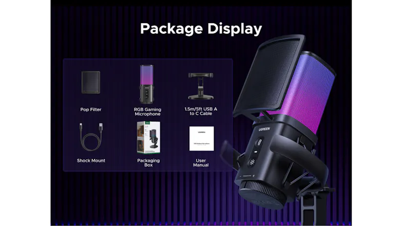 Package display of the USB condenser mic featuring RGB gaming mic, pop filter, shock mount, cable, packaging box, and manual Package display of the USB condenser mic featuring RGB gaming mic, pop filter, shock mount, cable, packaging box, and manual