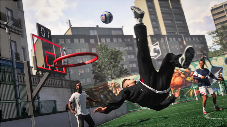 Game scene featuring a player doing a bicycle kick Game scene featuring a player doing a bicycle kick