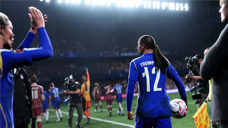 Soccer players on a pitch showcasing a stadium backdrop during a match Soccer players on a pitch showcasing a stadium backdrop during a match