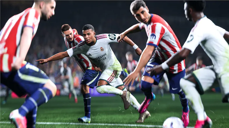 Game scene featuring multiple players contesting the soccer ball Game scene featuring multiple players contesting the soccer ball