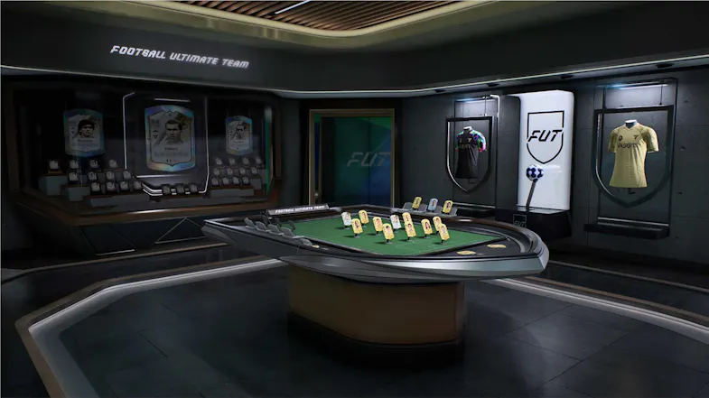Futuristic digital room featuring a tactic board and jersey displays Futuristic digital room featuring a tactic board and jersey displays