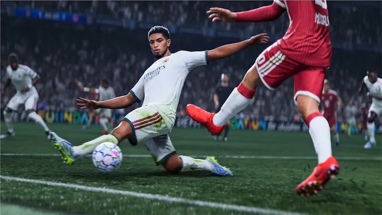 Game scene highlighting two players competing for a soccer ball Game scene highlighting two players competing for a soccer ball