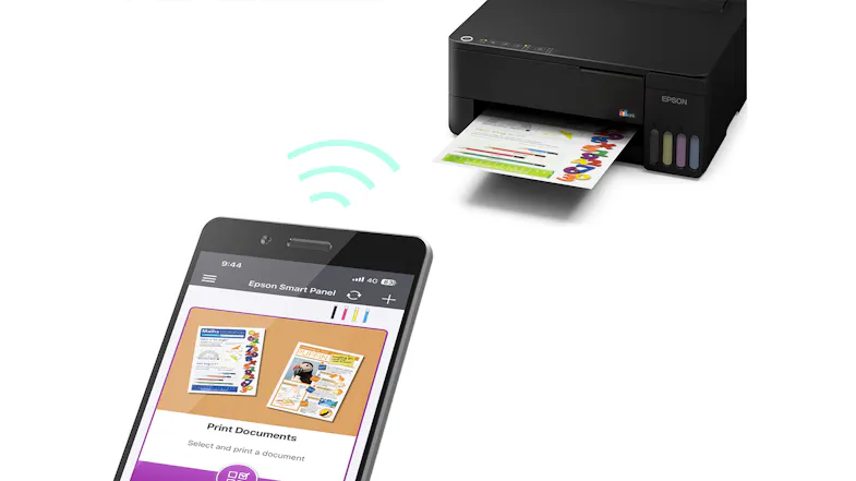 Epson printer with smartphone highlighting wireless printing functionality Epson printer with smartphone highlighting wireless printing functionality