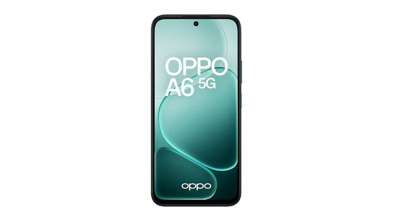 Front view of Oppo A6 5G in Sapphire Black showing the display with Oppo branding Front view of Oppo A6 5G in Sapphire Black showing the display with Oppo branding