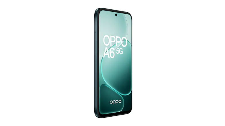 Right-angled view of the black Oppo A6 5G smartphone showing the display with Oppo branding Right-angled view of the black Oppo A6 5G smartphone showing the display with Oppo branding