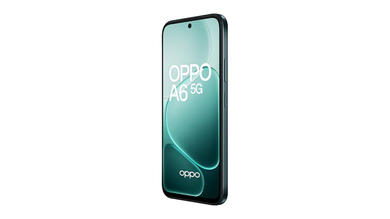 Left-angled view of the black Oppo A6 5G smartphone showing the display with Oppo branding Left-angled view of the black Oppo A6 5G smartphone showing the display with Oppo branding