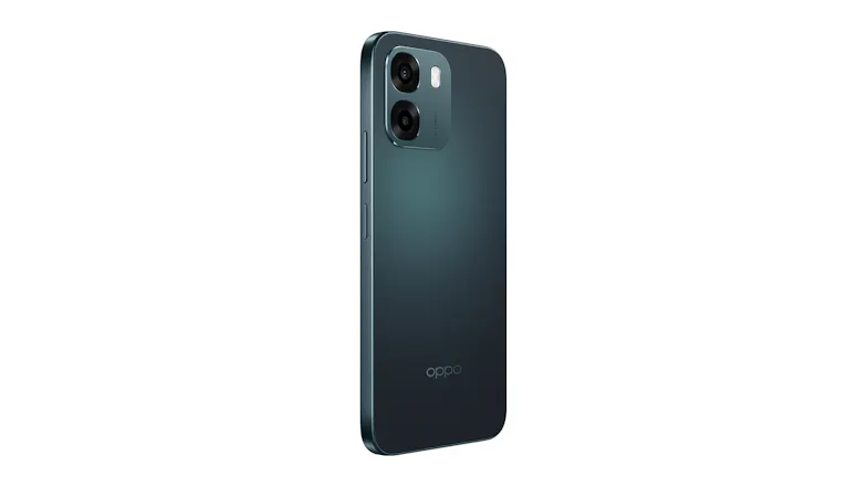 Right-angled back view of the black Oppo A6 smartphone showing dual cameras Right-angled back view of the black Oppo A6 smartphone showing dual cameras