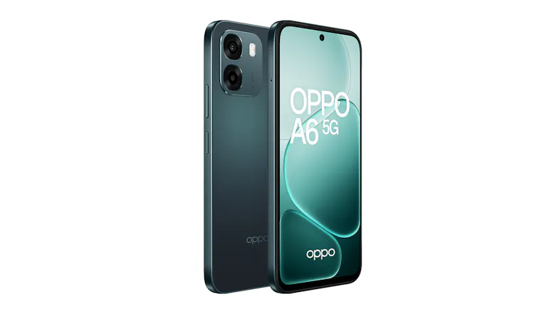 Front and rear views of the Oppo A6 5G smartphone side by side Front and rear views of the Oppo A6 5G smartphone side by side