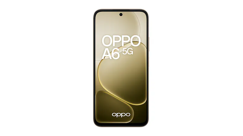 Front view of Oppo A6 5G in Aurora Gold showing the display with Oppo branding Front view of Oppo A6 5G in Aurora Gold showing the display with Oppo branding