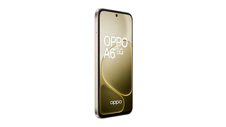 Right-angled view of the gold Oppo A6 5G smartphone showing the display with Oppo branding Right-angled view of the gold Oppo A6 5G smartphone showing the display with Oppo branding