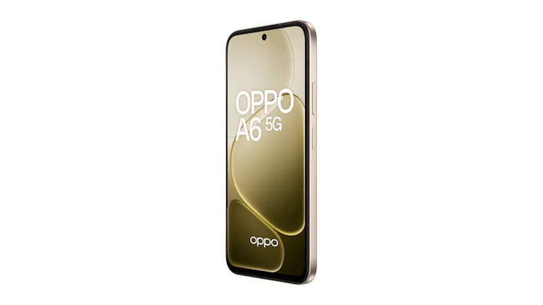 Left-angled view of the gold Oppo A6 5G smartphone showing the display with Oppo branding Left-angled view of the gold Oppo A6 5G smartphone showing the display with Oppo branding