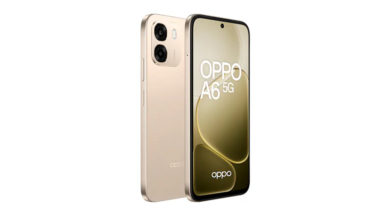 Front and rear views of the Oppo A6 5G smartphone side by side Front and rear views of the Oppo A6 5G smartphone side by side