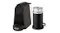 Black DeLonghi Nespresso Essenza Mini espresso machine next to an Aeroccino milk frother Black DeLonghi Nespresso Essenza Mini espresso machine next to an Aeroccino milk frother