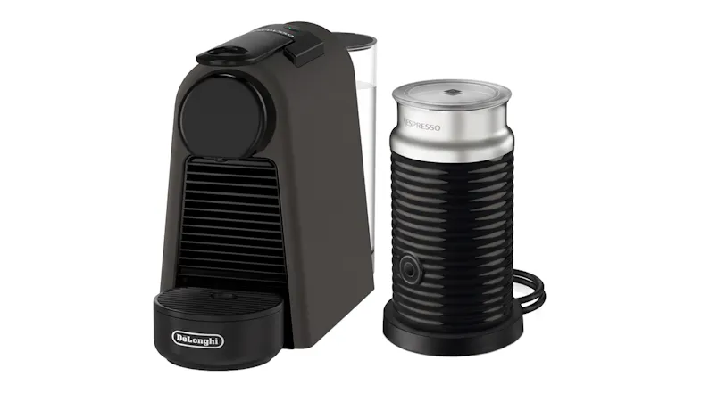 Black DeLonghi Nespresso Essenza Mini espresso machine next to an Aeroccino milk frother Black DeLonghi Nespresso Essenza Mini espresso machine next to an Aeroccino milk frother