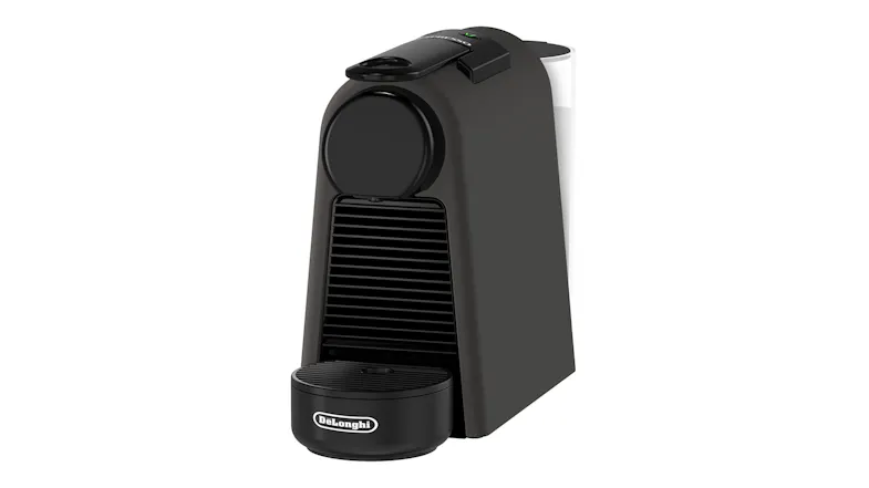 Angled view of black DeLonghi Nespresso Essenza Mini capsule coffee machine Angled view of black DeLonghi Nespresso Essenza Mini capsule coffee machine