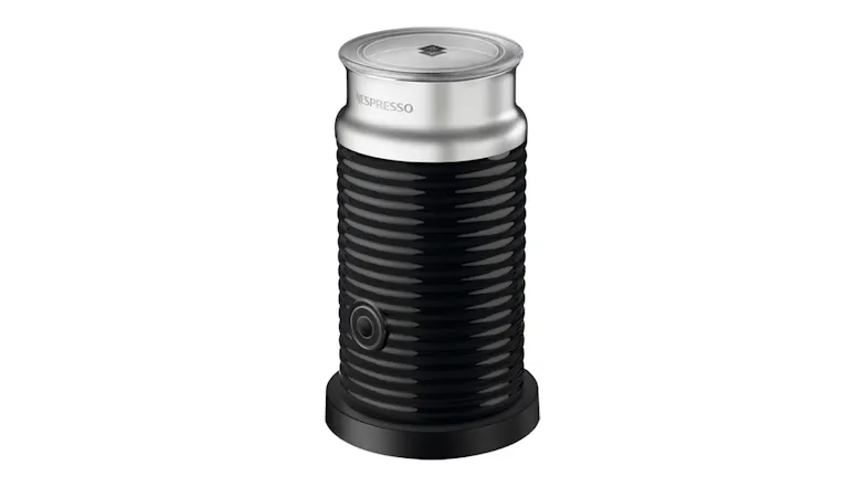A black ribbed Nespresso Aeroccino automatic milk frother with lid A black ribbed Nespresso Aeroccino automatic milk frother with lid