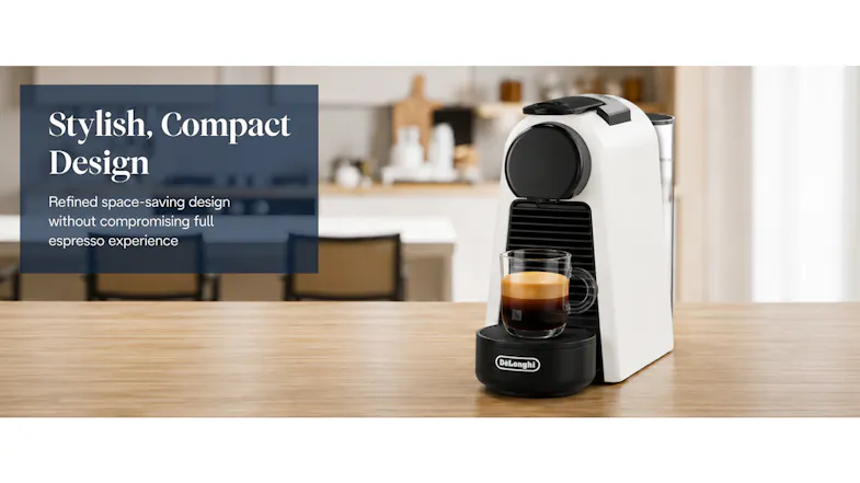 DeLonghi Essenza Mini on a counter with text reading "Stylish, Compact Design" DeLonghi Essenza Mini on a counter with text reading "Stylish, Compact Design"