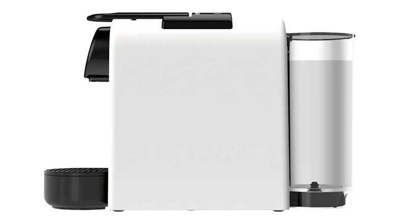 Direct side view showing the water tank and body of Essenza Mini machine Direct side view showing the water tank and body of Essenza Mini machine