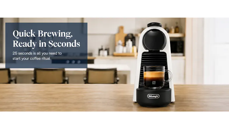 DeLonghi Essenza Mini Machine on wooden counter with text "Quick Brewing, Ready in Seconds" DeLonghi Essenza Mini Machine on wooden counter with text "Quick Brewing, Ready in Seconds"