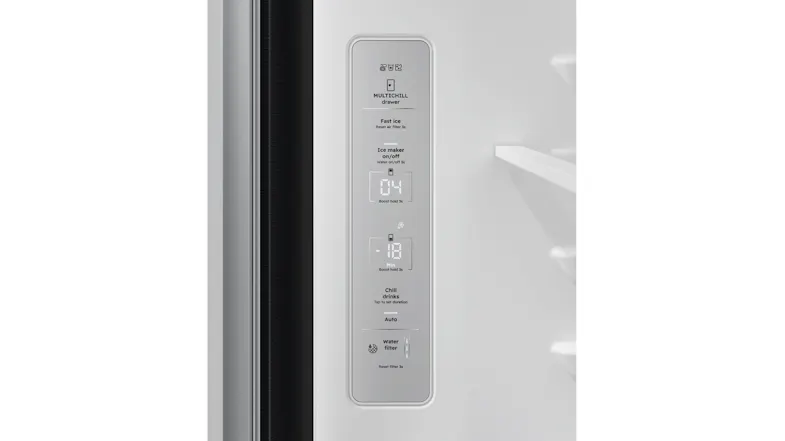 Close-up view of the refrigerator door edge featuring a digital control panel Close-up view of the refrigerator door edge featuring a digital control panel