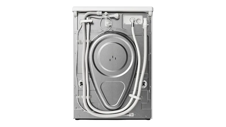 Back view of the washer showing the rear connections and hoses Back view of the washer showing the rear connections and hoses