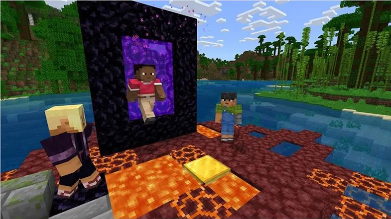 A view of three players entering a nether portal A view of three players entering a nether portal