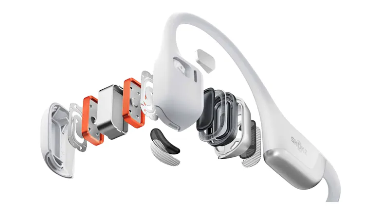 Deconstructed view of the Shokz OpenRun Pro 2 showing internal components Deconstructed view of the Shokz OpenRun Pro 2 showing internal components