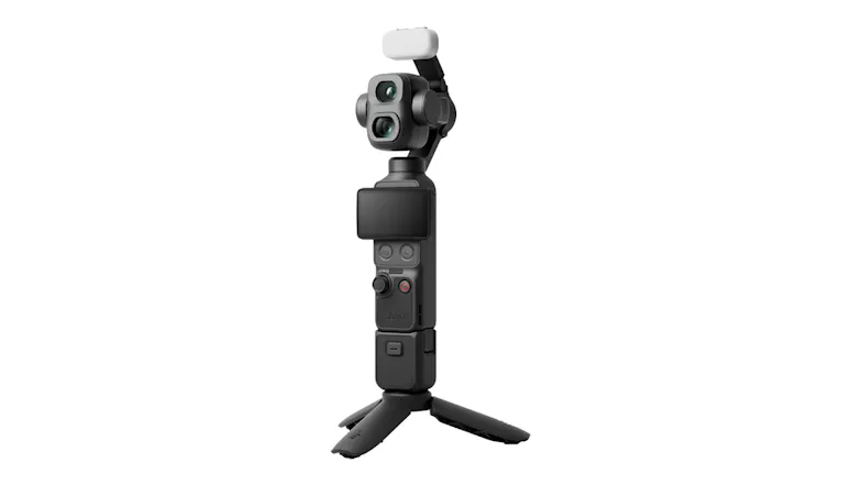 Angled view of the handheld gimbal camera showcasing its compact profile Angled view of the handheld gimbal camera showcasing its compact profile