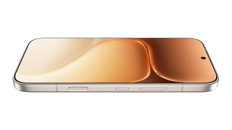 Tilted view of the smartphone featuring a golden wallpaper display Tilted view of the smartphone featuring a golden wallpaper display