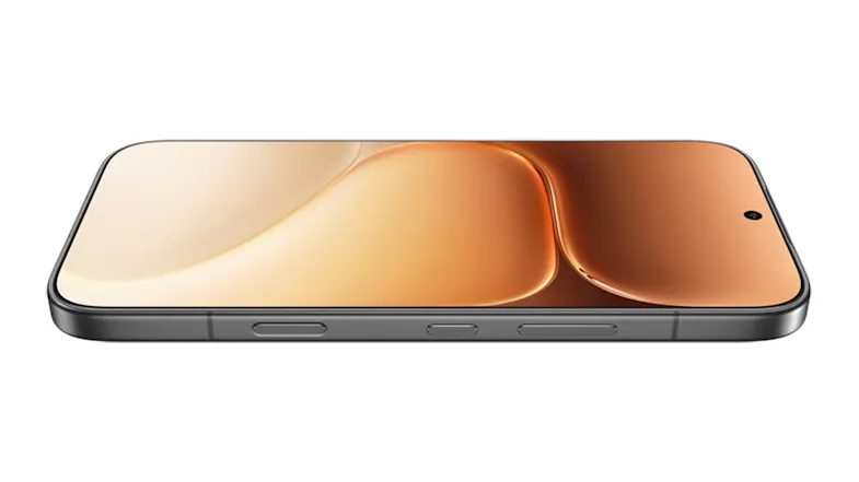 Tilted view of the smartphone featuring a golden wallpaper display Tilted view of the smartphone featuring a golden wallpaper display