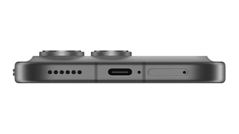 Bottom edge view of the phone showing ports and speaker grille Bottom edge view of the phone showing ports and speaker grille