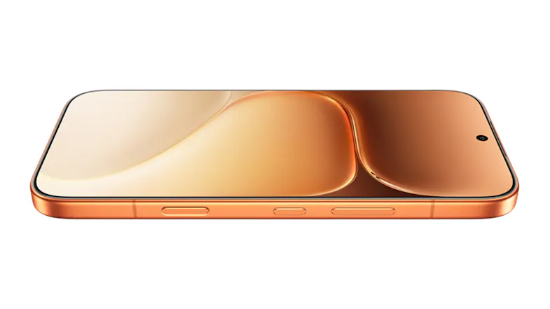 Tilted view of the smartphone featuring a golden wallpaper display Tilted view of the smartphone featuring a golden wallpaper display