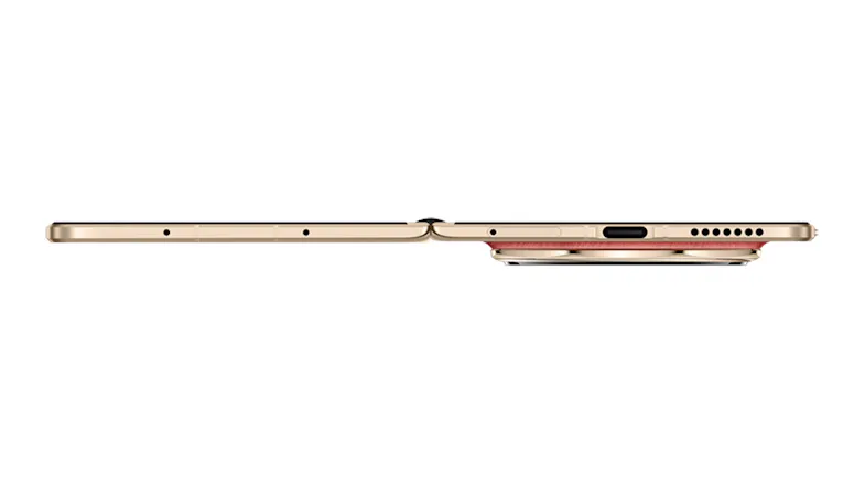 Bottom view of the unfolded phone showcasing a slim profile Bottom view of the unfolded phone showcasing a slim profile