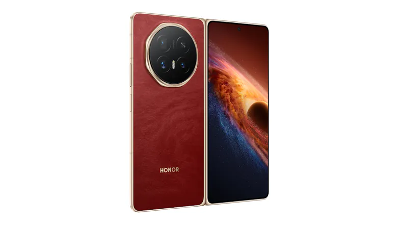 Angled rear of the Honor Magic smartphone showing unfolded view Angled rear of the Honor Magic smartphone showing unfolded view