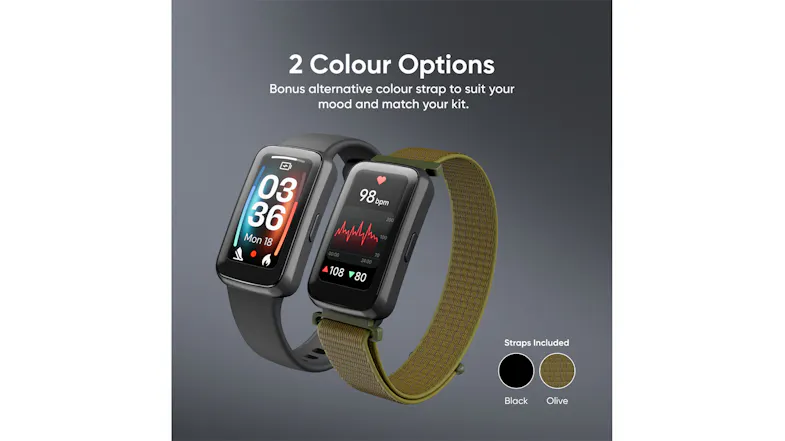 Promotional image showing the Ryze Elevate (Gen 2) SmartWatch in black silicone and olive woven band options Promotional image showing the Ryze Elevate (Gen 2) SmartWatch in black silicone and olive woven band options