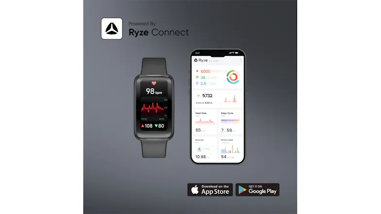 Smartwatch displayed alongside a smartphone with the Ryze Connect app, showcasing Bluetooth connectivity Smartwatch displayed alongside a smartphone with the Ryze Connect app, showcasing Bluetooth connectivity