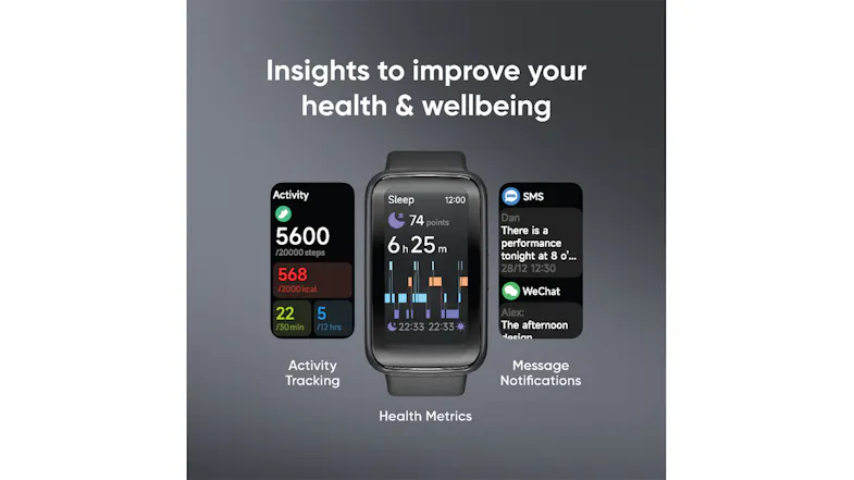 Feature graphic highlighting smartwatch wellness tools, with screens displaying activity tracking and insights Feature graphic highlighting smartwatch wellness tools, with screens displaying activity tracking and insights