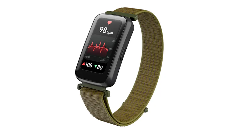 Ryze SmartWatch with black case and olive woven band shown at an angle Ryze SmartWatch with black case and olive woven band shown at an angle