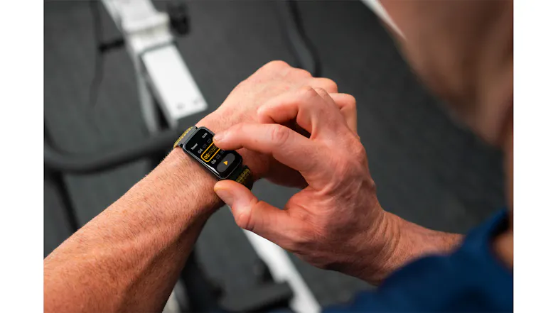 Close-up of a person wearing the smartwatch with a black case and band while interacting with the touchscreen Close-up of a person wearing the smartwatch with a black case and band while interacting with the touchscreen