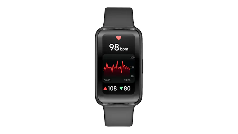Front view of the smartwatch featuring a black case and black band Front view of the smartwatch featuring a black case and black band